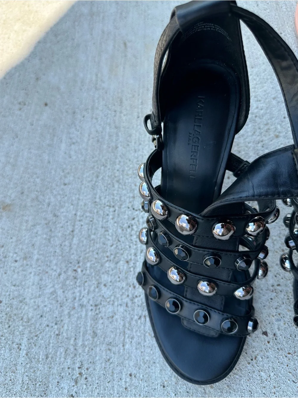 Karl Lagerfeld Black Leather Studded Strap Heels. 8.5